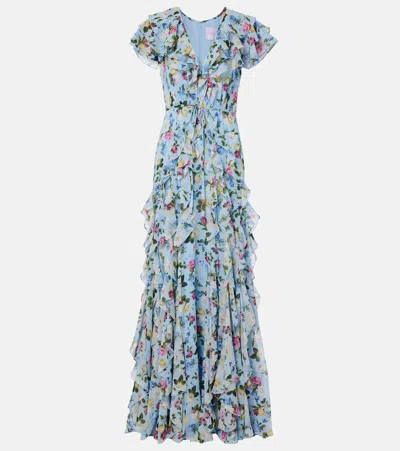 Carolina Herrera Floral Ruffle Chiffon Short-sleeve Maxi Dress In Multi