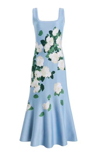 Carolina Herrera Floral Ruffled Silk-blend Midi Dress In Blue