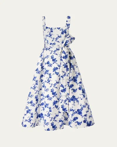 CAROLINA HERRERA FLORAL SCOOP NECK MIDI DRESS WITH SASH