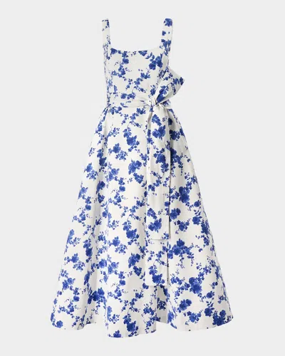 CAROLINA HERRERA FLORAL SCOOP NECK MIDI DRESS WITH SASH