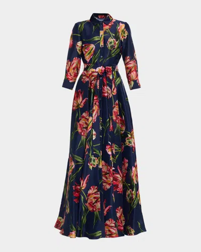 CAROLINA HERRERA FLORAL SILK BELTED LONG-SLEEVE TRENCH GOWN