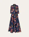 Carolina Herrera Floral Silk Belted Long-sleeve Trench Gown In Blue