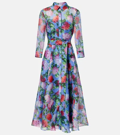 Carolina Herrera Belted Floral-print Silk-organza Midi Dress In Blue