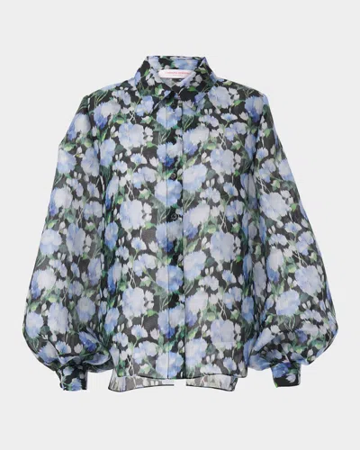 CAROLINA HERRERA FLORAL SILK PUFF-SLEEVE BUTTON-DOWN SHIRT