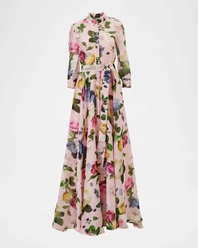 Carolina Herrera Floral Silk-linen Belted Trench Gown In Pink