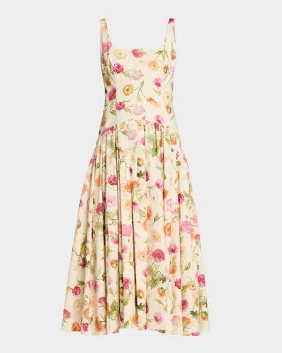 CAROLINA HERRERA FLORAL SLEEVELESS DROP-WAIST PLEATED MIDI DRESS