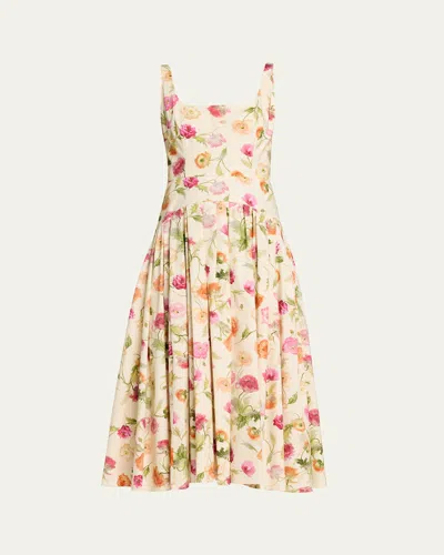 CAROLINA HERRERA FLORAL SLEEVELESS DROP-WAIST PLEATED MIDI DRESS