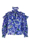 Carolina Herrera Floral-print Off-the-shoulder Top With 3d Ruffle Details In Blue