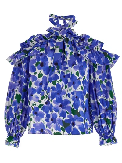 Carolina Herrera Flower Top With Puffed Sleeves And Ruffled Neckline In Blue