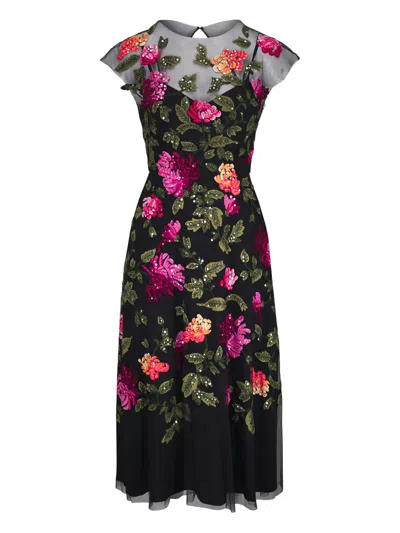 Carolina Herrera Chrysanthemum Embroidered Tulle Overlay Midi Dress In Multi