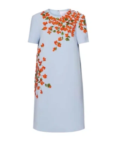 Carolina Herrera Floral-appliqué Crêpe Shift Dress In Blue