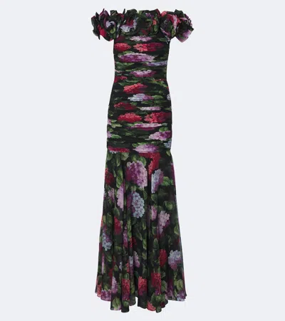 Carolina Herrera Floral-applique Floral Draped Silk Gown In Multi