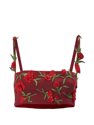 Carolina Herrera Floral-embroidered Bandeau Top In Red