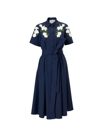 Carolina Herrera Belted Floral-embroidered Cotton-blend Midi Dress In Blue