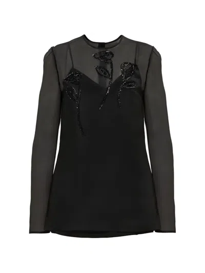 Carolina Herrera Floral-embroidered Long-sleeve Blouse In Black