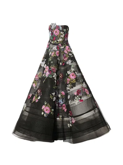 Carolina Herrera Floral-embroidered Maxi Dress In Black