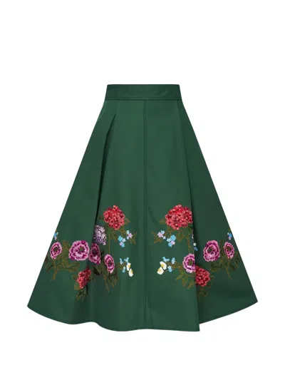 Carolina Herrera Floral-embroidered Pleated Skirt In 그린