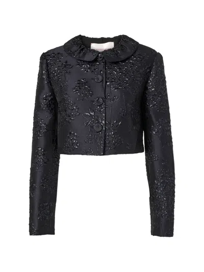 Carolina Herrera Floral-jacquard Cropped Jacket In Black