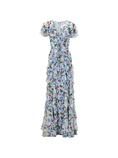 Carolina Herrera Floral Ruffle Chiffon Short-sleeve Maxi Dress In Multi