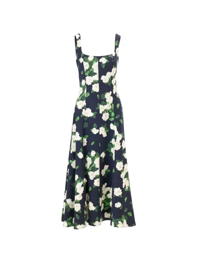 Carolina Herrera Rose Print Square Neck Sleeveless Midi Dress In Multi
