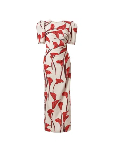 Carolina Herrera Floral-print Puff-sleeve Maxi Dress In 뉴트럴