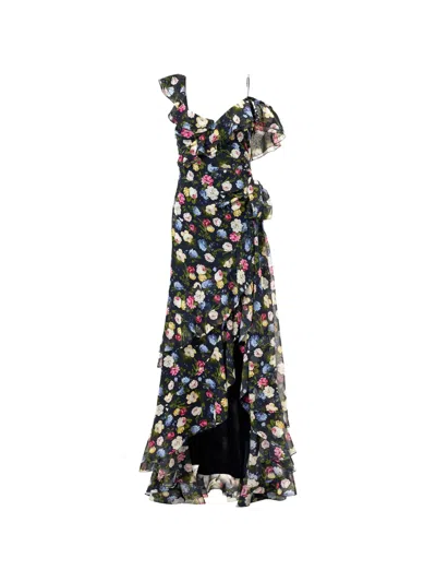 Carolina Herrera Floral Print Ruffle Asymmetric Silk Gown In Multi