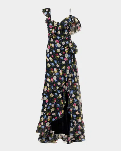 Carolina Herrera Floral-print Silk Chiffon Asymmetric Ruffle Gown In Multi