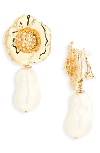 Carolina Herrera Flower & Faux Pearl Drop Earrings In Gold