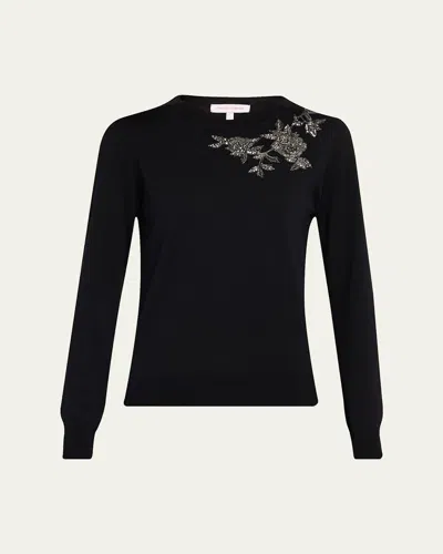 Carolina Herrera Flower Beaded Silk-cotton Crewneck Sweater In Black