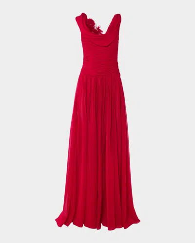 Carolina Herrera Flower Draped Off-the-shoulder Silk Chiffon Gown In Red
