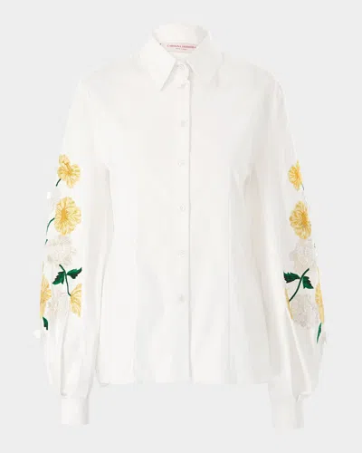 CAROLINA HERRERA FLOWER EMBROIDERED PUFF-SLEEVE BUTTON-DOWN SHIRT