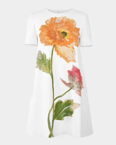 Carolina Herrera Flower-print Short-sleeve Mini Shift Dress In White