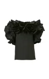 Carolina Herrera Flower-ruffled Tech Taffeta Top In Black