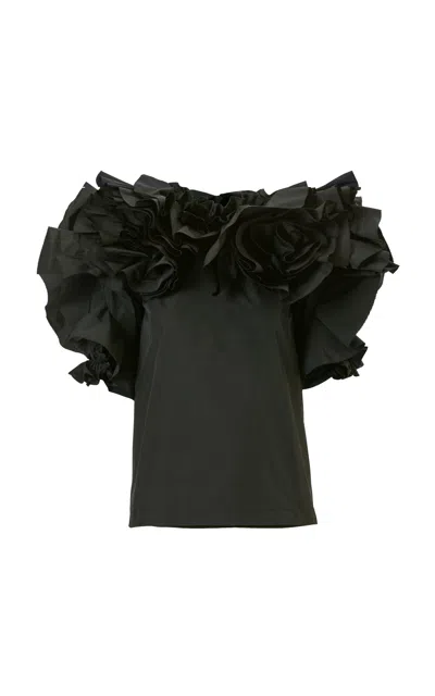 Carolina Herrera Flower-ruffled Tech Taffeta Top In Black