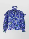 Carolina Herrera Floral-print Off-the-shoulder Top With 3d Ruffle Details In Blue