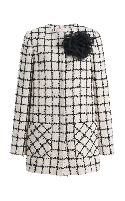 Carolina Herrera Flower-detailed Windowpane Tweed Coat In White