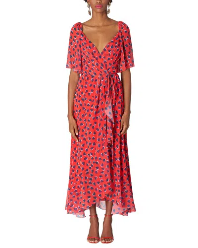 Carolina Herrera Heart-print Flutter-sleeve Wrap Midi Dress With Ruffle Hem In Red