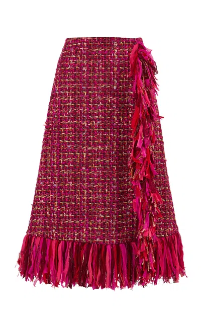 Carolina Herrera Fringed Multi Tweed A-line Skirt In Burgundy