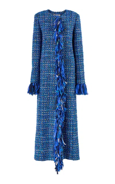 Carolina Herrera Fringed Multi Tweed Coat In Blue