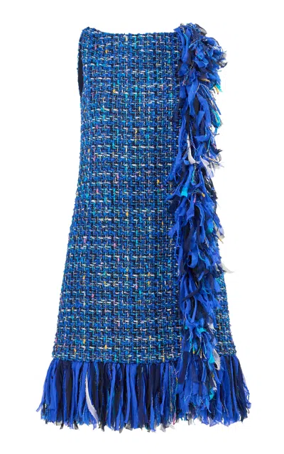 Carolina Herrera Fringed Multi Tweed Shift Dress In Blue