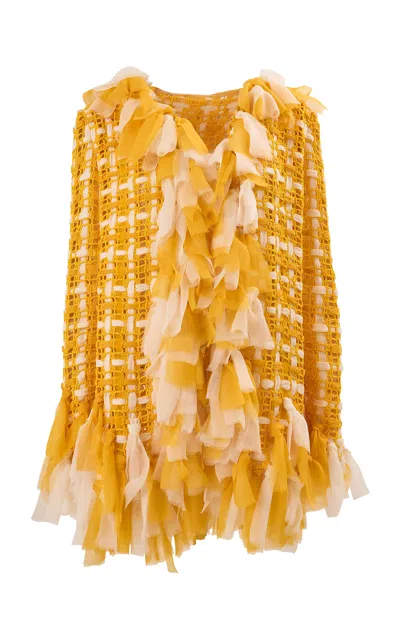Carolina Herrera Fringed Viscose Woven Ribbon Cardigan In Yellow