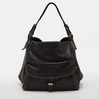 Pre-owned Carolina Herrera Front Pocket Dark Brown Monogram Leather Shoulder Bag