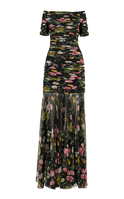 Carolina Herrera Gathered Meadow Floral Crinkle Gown In Black