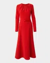 Carolina Herrera Gathered Neck Belted Long-sleeve Midi Dress In Red