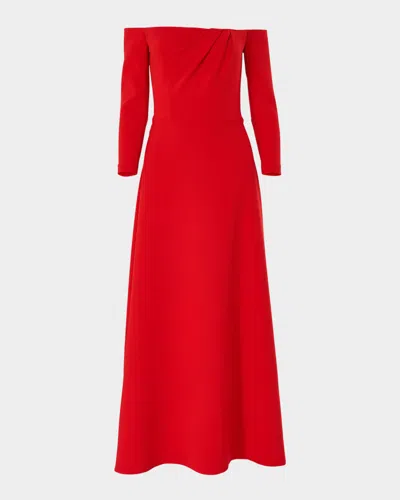 CAROLINA HERRERA GATHERED OFF-THE-SHOULDER 3/4-SLEEVE MIDI DRESS