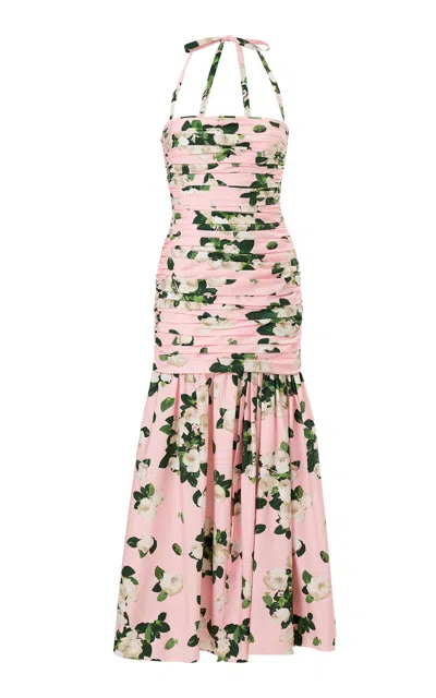 Carolina Herrera Gathered Painted Rose Cotton Midi Dress In Pink