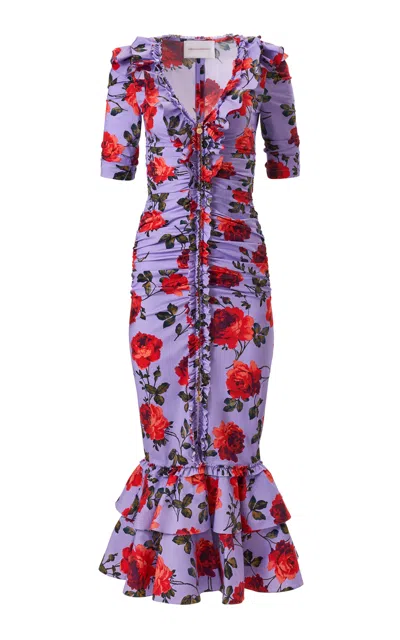 Carolina Herrera Gathered Stemmed-rose-printed Stretch-cotton Midi Dress In Purple