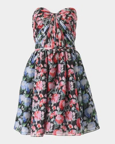 CAROLINA HERRERA GATHERED STRAPLESS FLORAL MINI DRESS