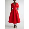 Carolina Herrera Pleated V-neck Midi Fit-flare Dress In Herrera Red
