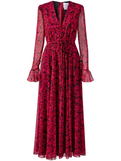 Carolina Herrera Rose Print Long Sleeve Dress In Herrera Red Multi